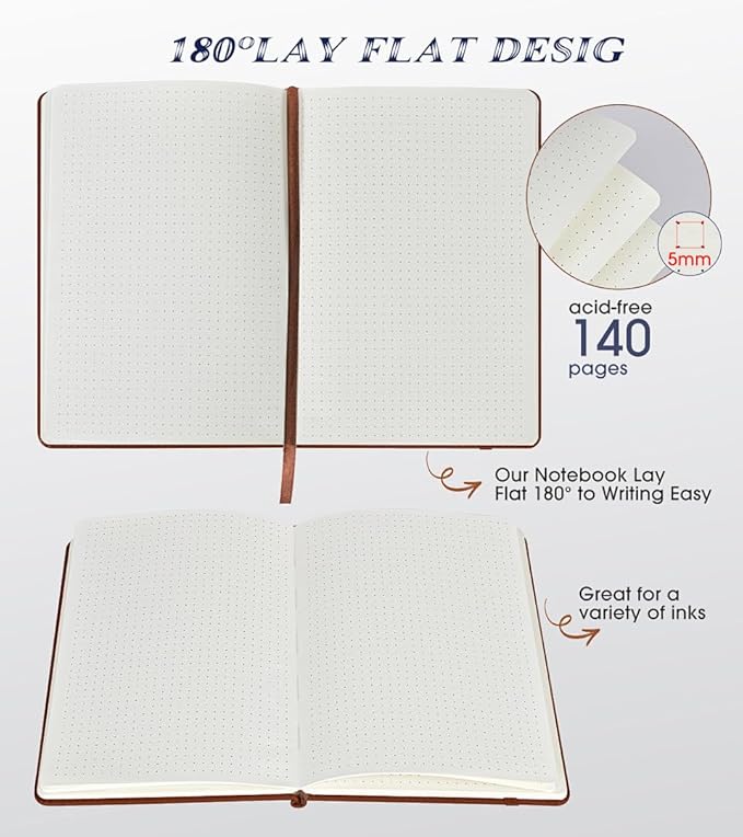 Dotted Journal Notebook for Women Men, 140 Pages Hardcover Dot Grid Notebooks for Work, School & Travel, Leather Journals for Writing, Bullet Journaling 5.7"×8.3" (Brown)