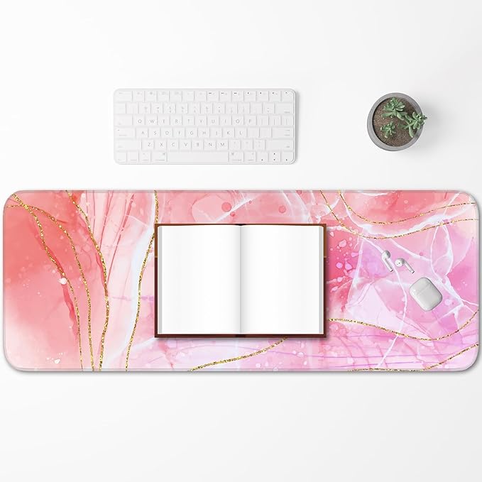 Pink Mouse Pad, Large Gaming Mouse Pad, Non-Slip Base and Stitched Edges, for Gaming, Home, Office, 31.5 x 11.8 Inch, Cute Desk Pad, Rose Gold Marble