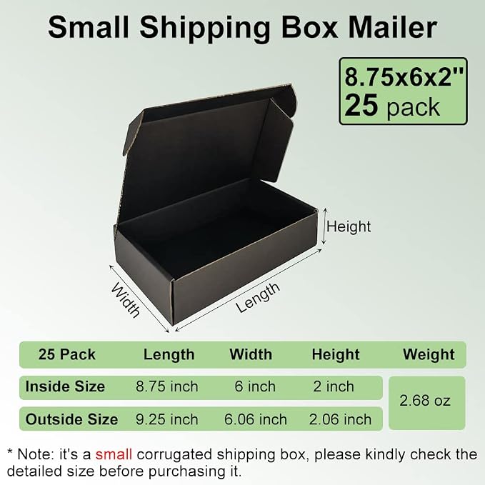 9x6x2'' Small Shipping Boxes 25 Pack, Black Corrugated Cardboard Mailers for Mailing Packaging Small Business (BK962-25)