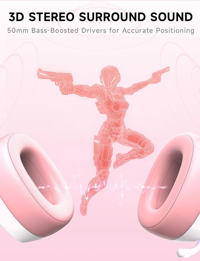 2.4GHz Wireless Gaming Headsets for PS5, PS4, PC, Switch - Bluetooth 5.3 Gaming Headphones with Noise Canceling Mic, 7.1 Surround Sound, 70H Battery, RGB Lighting - Pink