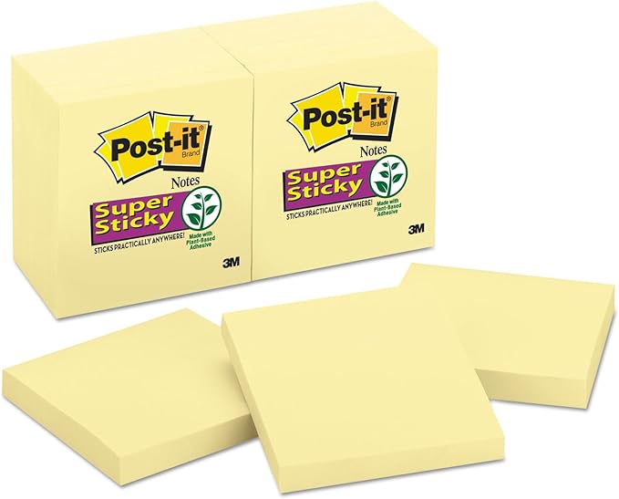 Post-it Super Sticky Notes, 12 Sticky Note Pads, 3 x 3 in., School Supplies, Office Products, Sticky Notes for Vertical Surfaces, Monitors, Walls and Windows, Canary Yellow