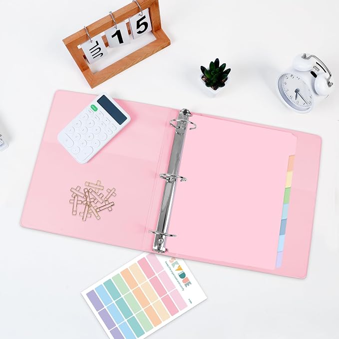 SKYDUE 1 Inch 3 Ring Binder with 8 Tab Dividers & 24 Labels, Pastel Binder Organizer for Letter Size Paper, Aesthetic School Binder for Notes, Documents, Office & Home Organization, Pink