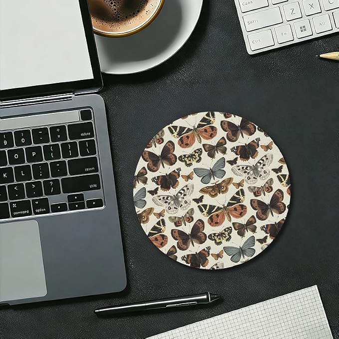 Butterfly Round Mouse Pad, Vintage Light Academia Insect Butterfly and Moth Aesthetic Mousepad Mat for Home Office Computer Laptop Desk Accessories 7.9x7.9 in