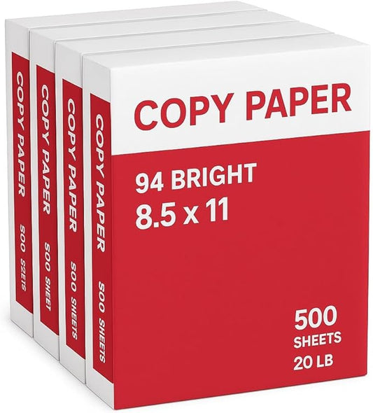Copy Paper – 4 Reams, 500 Sheets Each, 94 Bright, 8.5 x 11" – Multipurpose Printer Paper for Home, Office, School – Jam-Free, Acid-Free, High Performance