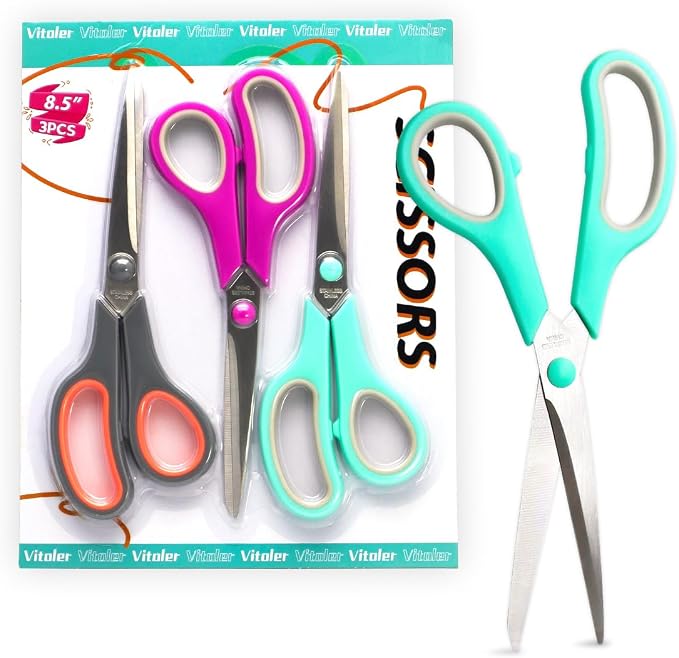 Vitoler 8.5" Scissors All Purpose, 3 Pack Ultra Sharp Blade Shears | Professional Ergonomic Comfort Grip Scissors for Office School Home Supplies Fabric Sewing DIY