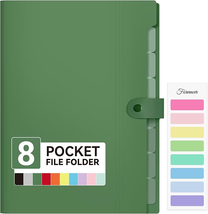 Forvencer Expanding File Folder 8 Pocket, Accordion File Organizer, Letter | Portable Folders for Documents, Cute Paper Organizer, Filling Products for School Office Supplies, A4 Size, Dark Green