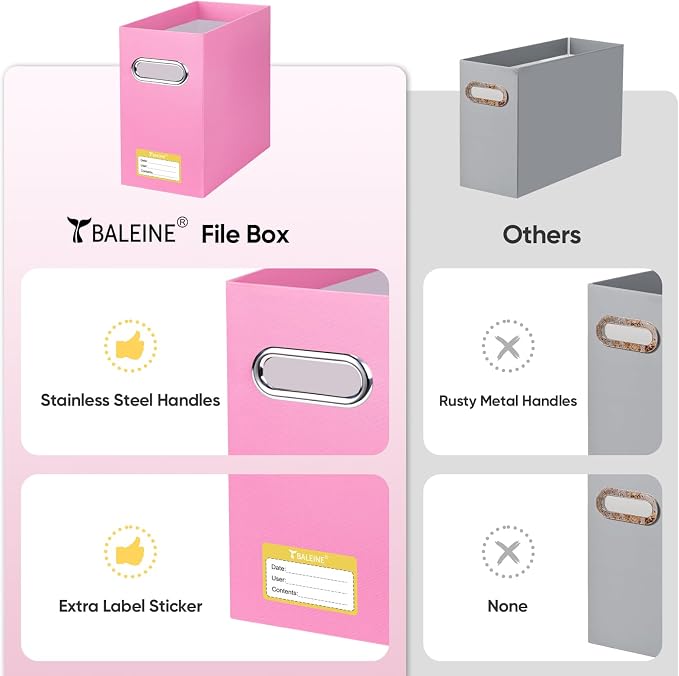 BALEINE File Organizer Box, Cardboard File Folder Organizer with Handle for Letter Size, Portable Collapsible Hanging Filing Box for Home Office Document Storage (8 Pack, Pink)
