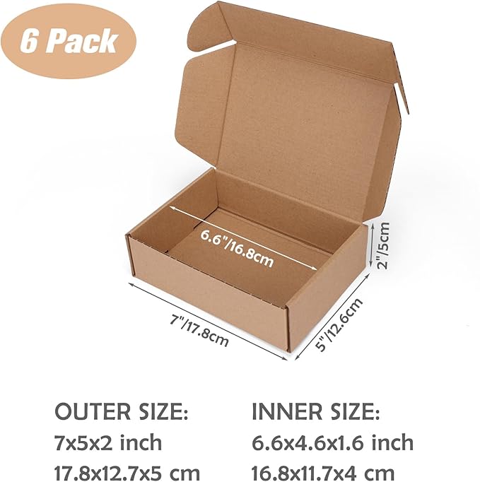 7x5x2 inch Shipping Boxes Set of 6 Brown, Inner Size 6.6x4.6x1.6 inch Cardboard Box Mailers for Small Business Packaging Mailing or Gift Wrapping Giving