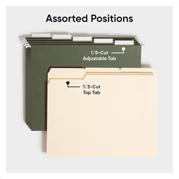 Smead Hanging File Folder, 1/5-Cut Adjustable Tab, Letter Size, Standard Green, Hanging Folders for Filing Cabinets, File Organizer Folder, 24 Per Box (92007)