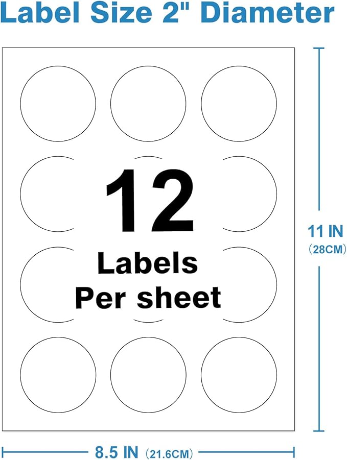 2" Circle Sticker Labels, Round Printable Sticker Labels to Write On, Sticker Paper for Inkjet Printer, (12 Labels/Sheet), 10 Sheets