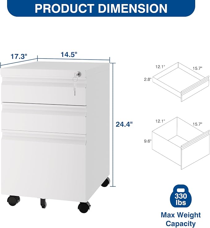 Fesbos 3 Drawer Mobile Metal File Cabinet, White Filling Cabinets with Lock, Pre-Built Office Storage File Cabinet with Wheels Under Desk - Assembled Required