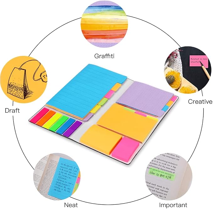 Sticky Notes Set, Hommie Colored Divider Self-Stick Notes Pads Bundle, Prioritize with Color Coding, 60 Ruled (3.7x6), 40 Dotted (3.7x3), 40 Blank (3x3.7), 60 Per Rectangular, 25 Per PET Color