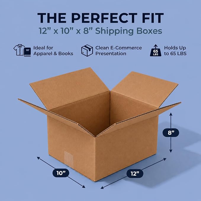BOX USA Shipping Boxes Medium 12"L x 10"W x 8"H 25-Pack - Corrugated Cardboard Box for Moving, Mailing, Packing, Packaging and Storage