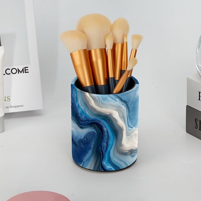 Leather Pen Holder for Desk, Blue and White Texture Pencil Cup Pen Organizer Makeup Brush Holder for Office Home Kids Countertop Desk Accessory Storage