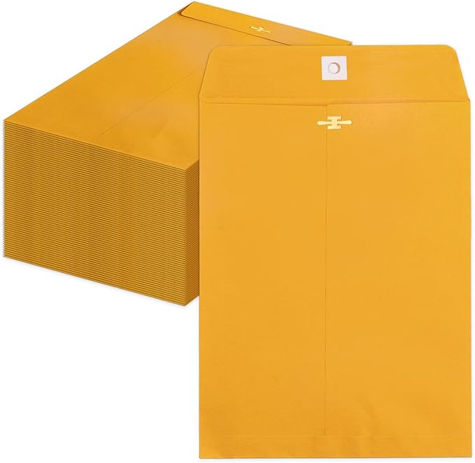 Clasp Envelopes 10x13, 100 Pack Goefun Brown Yellow Manilla Envelopes 10x13-100GSM Heavy Kraft Paper, with Clasp and Gummed Seal for Mailing