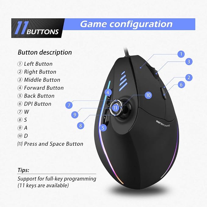 zelotes Ergonomic Gaming Mouse with Joystick,10000 DPI(6-Level Adjustable),11 Programmable Buttons,RGB Lighting, USB Optical Wired Vertical Mouse for Office/Gaming/Laptop/PC (Black)