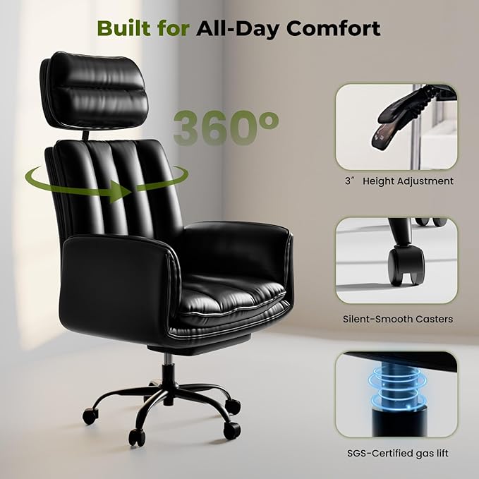 Criss Cross Office Chair with Armrests & Wheels, Comfy Big and Tall Chair, Ergonomic Executive Gaming Computer Chairs with Foot Rest, PU Leather Wide Seat Reclining Desk Chair, Black