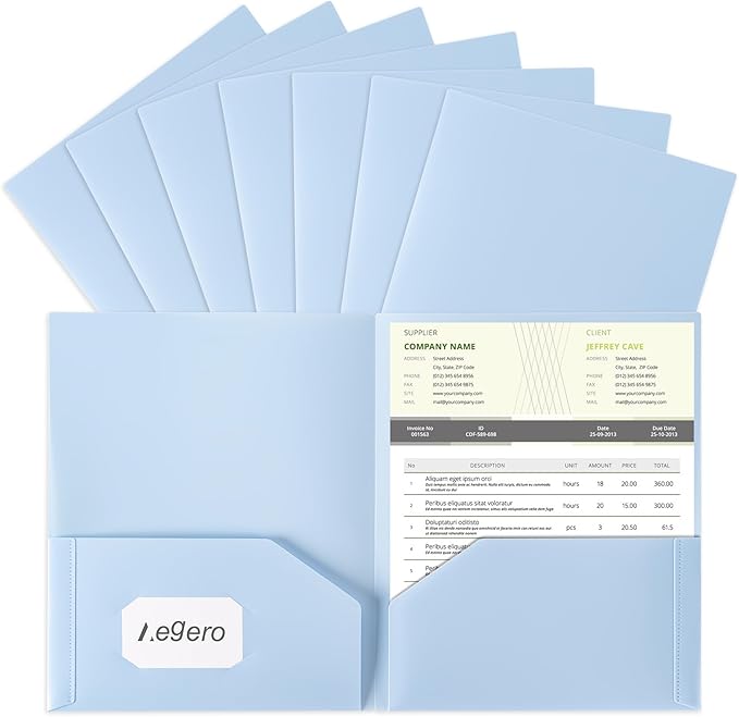 Plastic Folders with Pockets (7 Pack, Light Blue), Durable Heavy Duty File Folders with Business Card Slot, 2-Pocket Folder for Schoolwork & Office,Letter Size