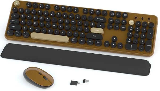 Links9+ Wireless Typewriter Keyboard and Mouse Combo (Coffee-Black) | Full-Size Retro Round Keycaps, Clicky Typing, Ergonomic Design, Smart Auto-Sleep, Perfect for Office, Home and School