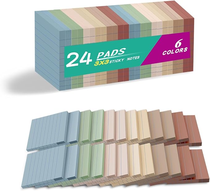 (24 Pack) Lined Sticky Notes 3x3 in,Vintage Notepads with Lines | Ruled Stickies,Super Sticking Power,Office School Memo Note Pads,Post on Windows Doors,Recyclable,Easy to Write on