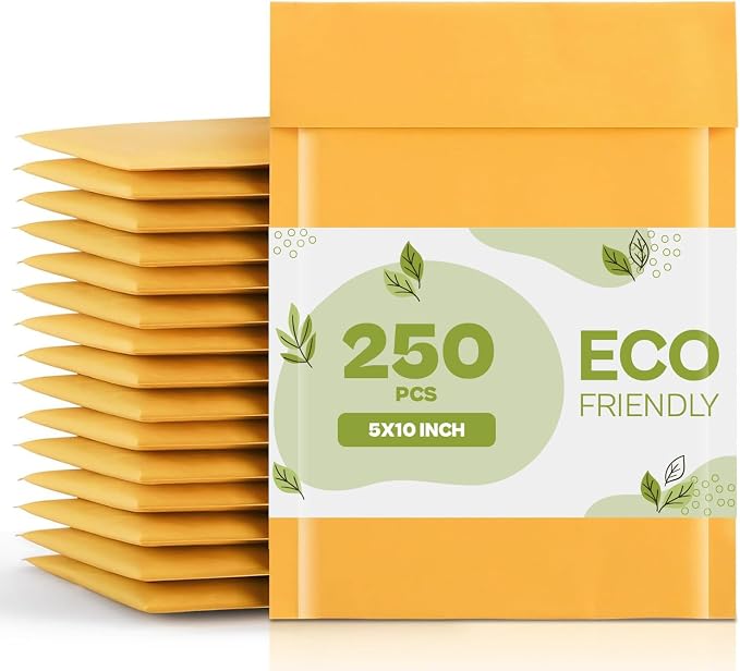 PSBM #00 250 PCS 5 x 10 Inch Kraft Bubble Mailers, Yellow Padded Envelopes, Self-Sealing Peel-Off Strip, Ideal for Shipping CD, DVD, Jewelry, Photos, Magazine, Books, Clothes and More