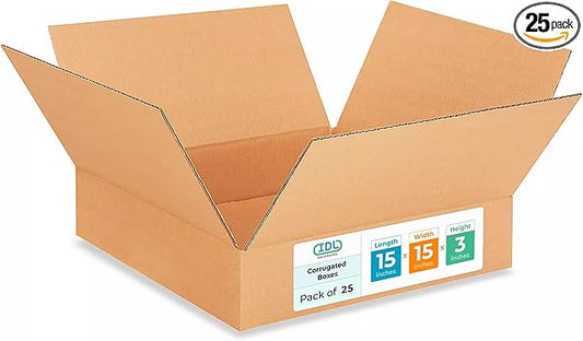 Medium Moving & Shipping Boxes 15"L x 15"W x 3"H (25-Pack) - Extra Strength 200 lb vs Regular - USA-Made Corrugated Boxes for Packaging - Medium Packing Box - Carton Box by IDL Packaging