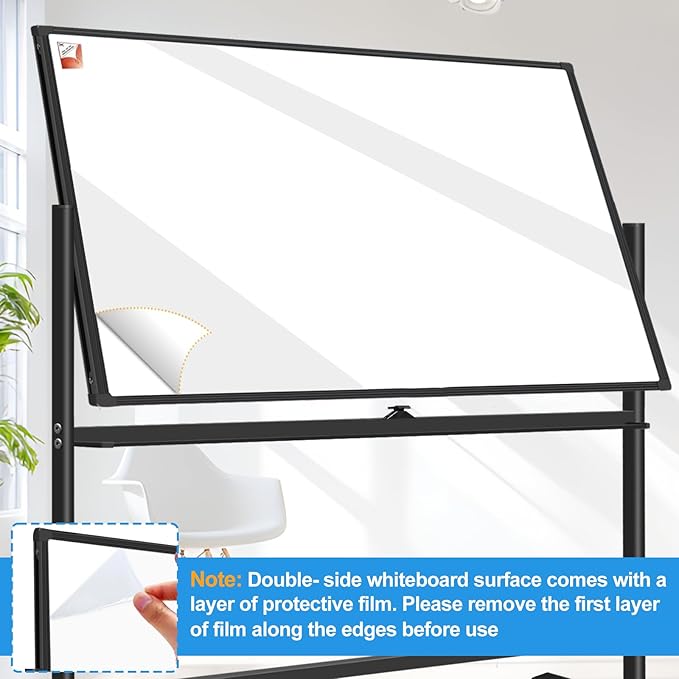 Double-Sided 5' x 3' Dry Erase Board with Stand, 60"x40" Large Magnetic Standing Easel Whiteboard Rolling Whiteboard on Wheels, with 2 Eraser, 6 Markers, 20 Magnets