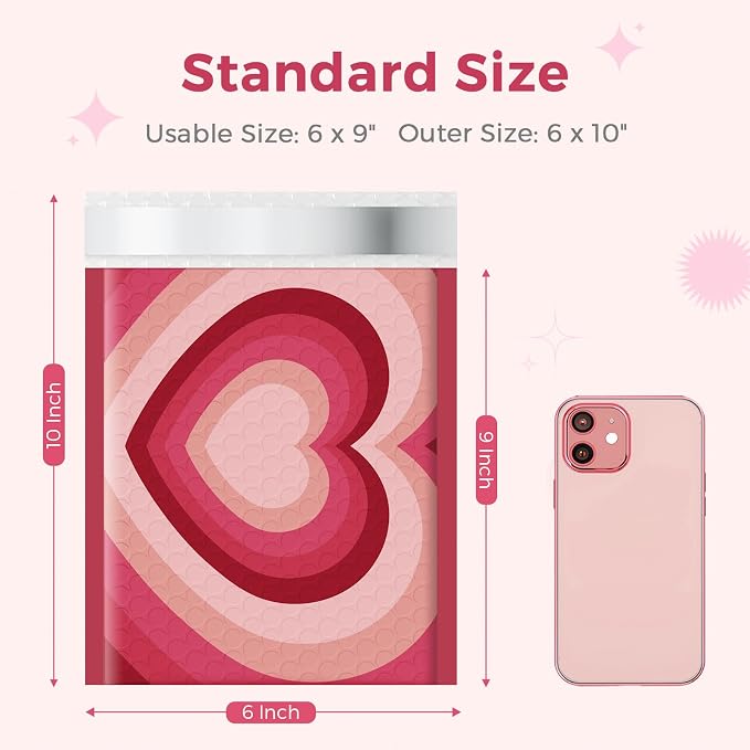 Metronic Cute Bubble Mailers 6x10 Inch 50 Pack Padded Envelopes Sweet Heart | Usable Size 6x9" Bubble Mailer Self Seal Waterproof Padded Mailing Envelopes for Shipping Gift, Jewelry, Makeup, Small Items