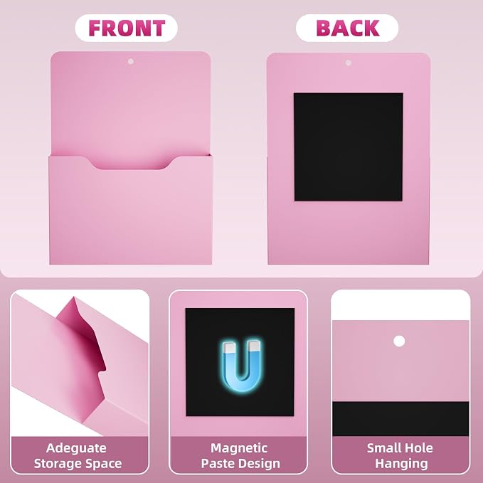 Marbrasse Magnetic File Holder - Magnetic Paper Holder, Pocket Organizer Office Supplies Storage Mail Organizer for Notebooks,Planners,Letter (Pink)