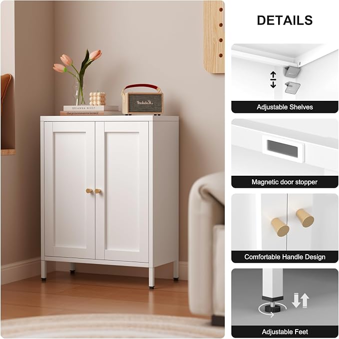 Bevivog Metal Bathroom Floor Storage Cabinet, Small Storage Sideboard with 2 Doors and 2 Adjustable Shelves, 12" Small Cabinets White Freestanding Locker for Entryway, Living Room, Hallway