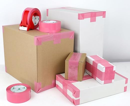 BOMEI PACK Pink Packing Tape with Dispenser, 2.4 Mil 1.88 Inch x 110 Yards, 2 Refills Rolls Color Box Tape for Moving, Shipping and Packaging