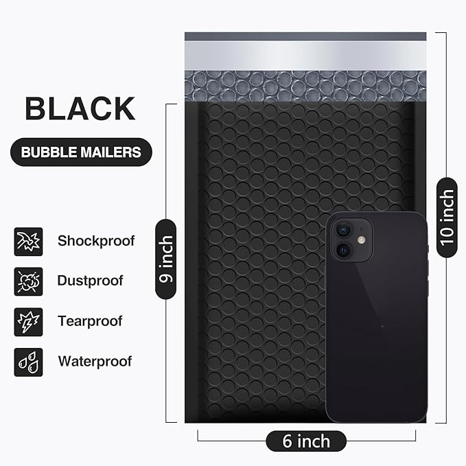 UCGOU Bubble Mailers 6x10" Black Usable Size 6x9" Padded Envelopes 50 Pack | Shock-absorbing,Waterproof,E-commerce & Mailing,Self-sealing Shipping mailer for jewelry Packing Suppliers for Small Business