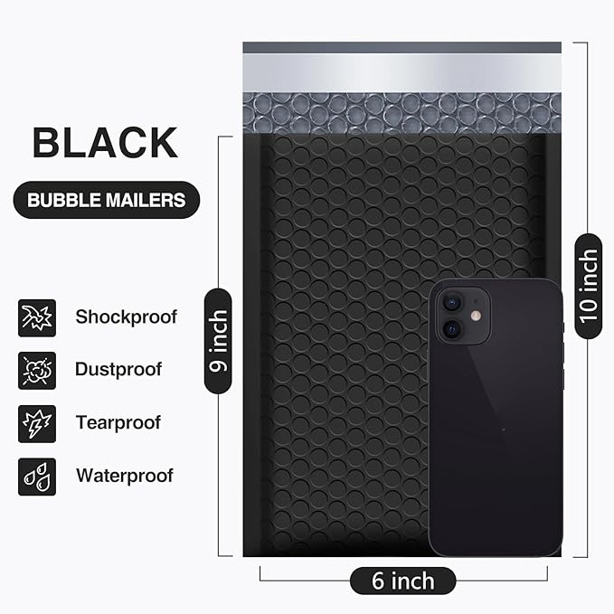 UCGOU Bubble Mailers 6x10 Inch Black 25 Pack Usable Size 6x9" Padded Envelopes Small Business Mailing Packages Opaque Self Seal Adhesive Waterproof Boutique Shipping Bag for Jewelry Makeup Supplies #0