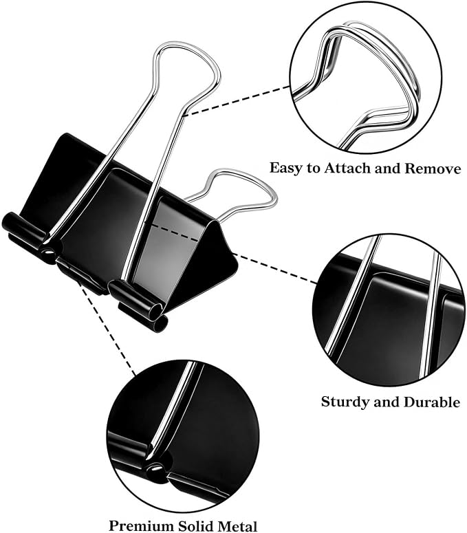Temiary Metal Binder Clips, Assorted 6 Sizes Black 208 Pcs for Office, Home | Colored Binding Paperwork Clamp Bulk for Office, Home, School