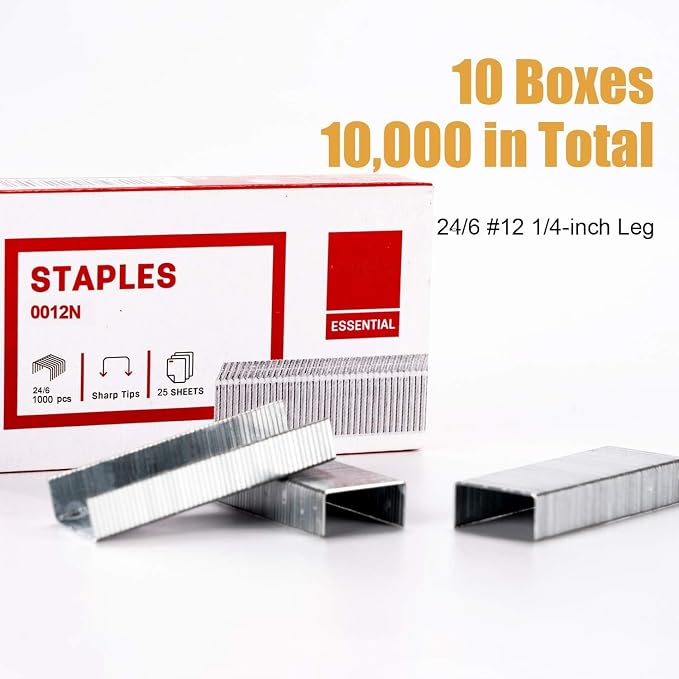 Leven 10,000 Staples, Standard 1/4 Inch Length, 24/6 | Fits 25, 40 and 60 Sheet Capacity Staplers, Jam Free Sharp Chisel Point, 10 Boxes of 1,000 Staples, Fits Standard Staplers