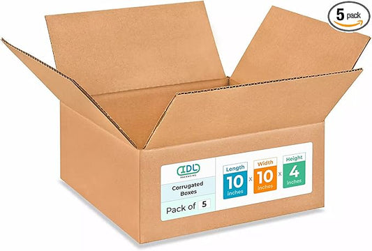 Medium Moving & Shipping Boxes 10 x 10 x 4 inches (5-Pack) - Extra Strength 200 lb vs Regular - USA-Made Corrugated Cardboard Boxes for USPS/FEDEX - Medium Corrugated Cardboard Box by IDL Packaging