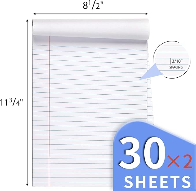2 Pack Legal Pads Refills Note Pads, Writing Pads 8.5 x 11 Inches, Memo Pads Lined Writing Note Pads, Letter Size Legal Pad Wide Ruled Lined Pads Legal Rule for School Office（30 Sheet per Pads）