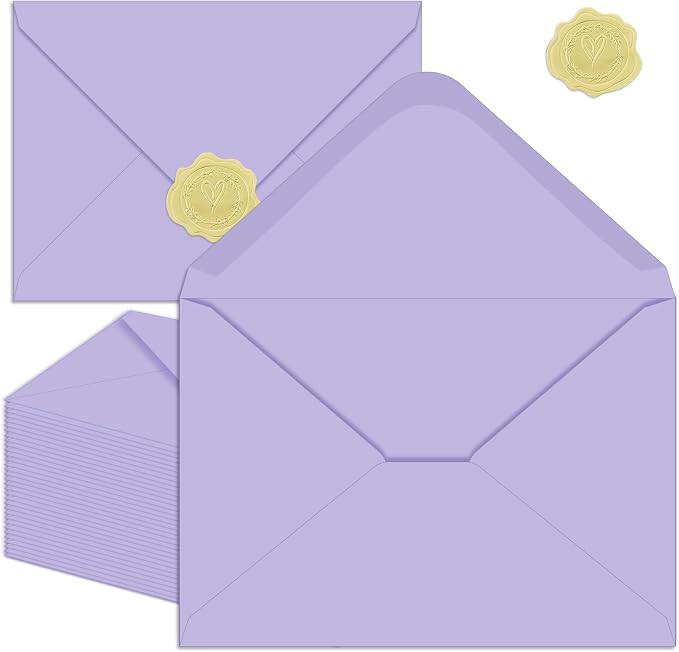 YINUOYOUJIA 4x6 Envelopes A4 Envelopes for Invitations (50, Lavender) | Golden Stickers with Envelopes,Self Seal,for Wedding, Invitations, Photos, Postcards, Greeting Cards, Mailing