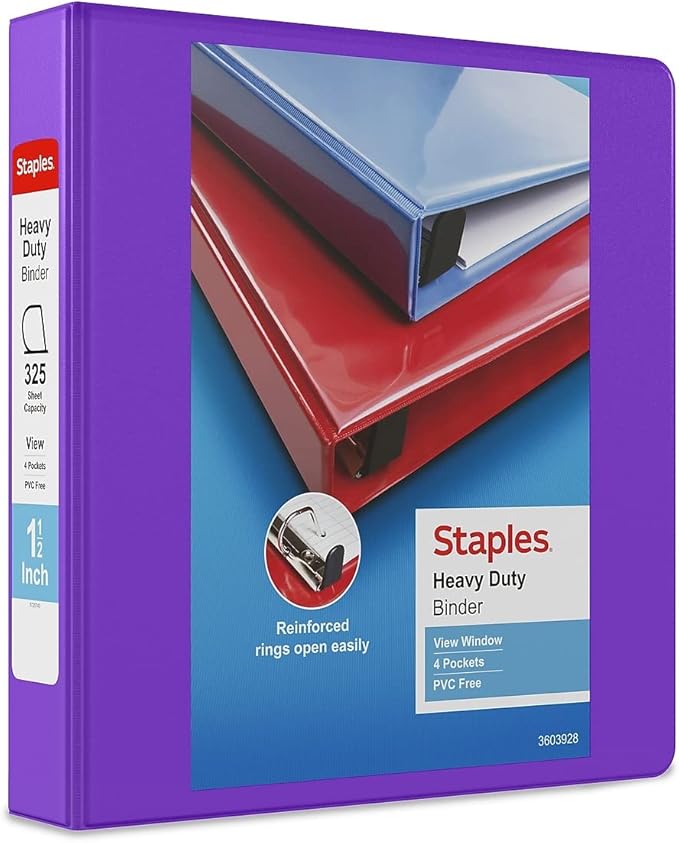 Staples Heavy-Duty 1.5-Inch D-Ring View Binder, Reinforced Spine, Holds Up to 350 Sheets, Purple, for Office & School