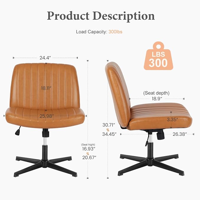 OLIXIS Criss Cross Office Chair, Vanity Chair, Home Office Desk | Wide Seat, Height Adjustable, PU Leather Padded, Armless No Wheels, Bedroom, Study Room, Brown Dual Base