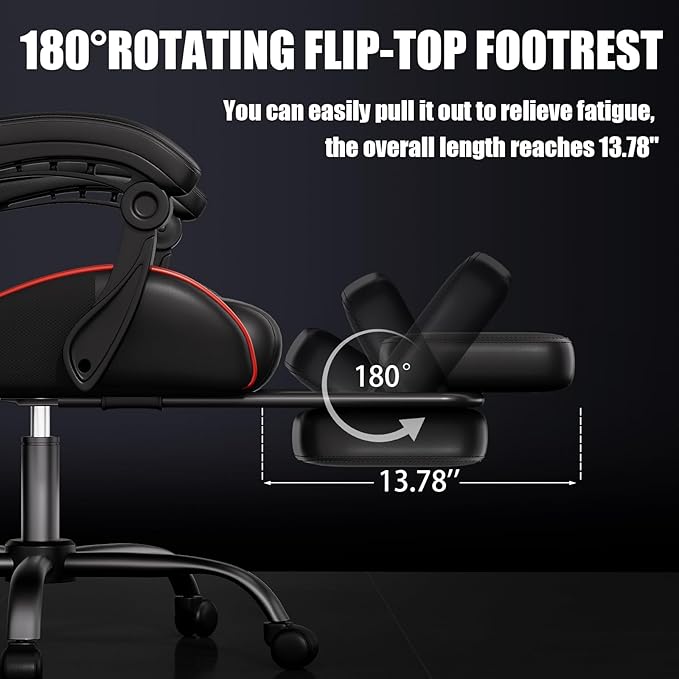 Gaming Chair, Ergonomic Office Computer Chair with Footrest and Lumbar Support Massager Racing Style High Back Video Gamer Chair, Wide＆Thick Cushion, 90°-135° Recline, Adjustable Height, Red