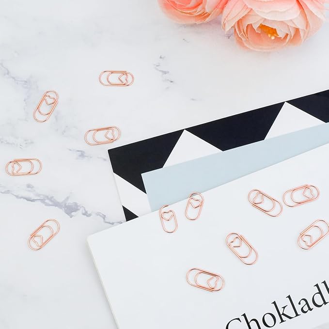 100 Pcs Love Heart Shaped Paper Clips, 0.78inch Cute Mini Paperclips for Office School Home Desk Organizers (Rose Gold)