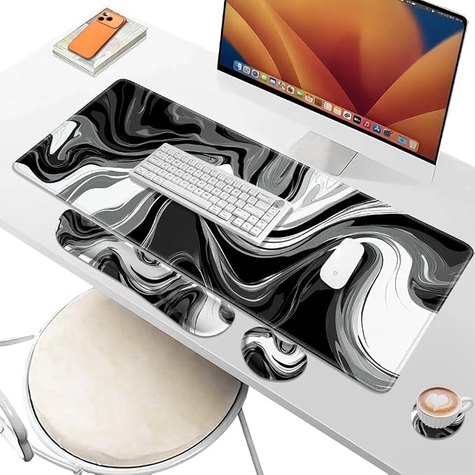Desk Pad and Keyboard Wrist Rest, Large Mouse Pad + Keyboard Pad+Mouse Wrist Support, Non-Slip Desk Mat Protector for Office, Home 31.5×11.8 Inches Black & White Abstraction