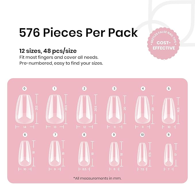 Beetles Gel Nail Tips Short Coffin 576 PCS Half Matte Pre-shape Short Fake Nails 12 Sizes Full Cover Acrylic False Nails Extension DIY Manicure Gifts for Women