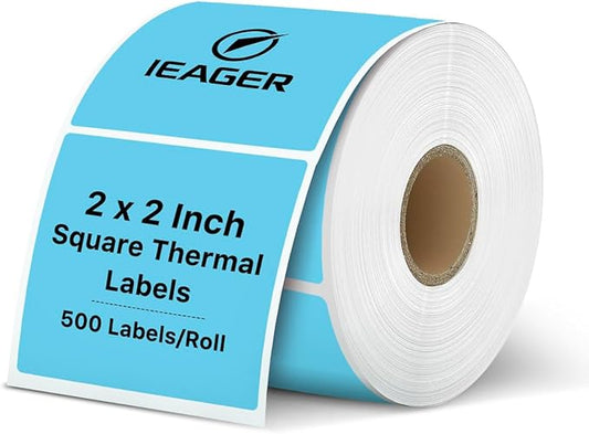 iEager Blue Square Thermal Label Stickers, 2"x2" Self-Adhesive Square Direct Thermal Labels with Perforation Line, 500 Sheets/Roll
