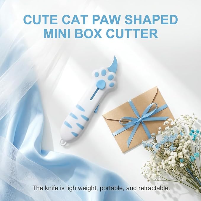 Cat Paw Box Cutter Cute Retractable Cat Box Cutter with Safety Lock | Mini Utility Knife with Ergonomic Paw Handle, Stainless Steel Blade for Opening Packages, Cardboard, Cartons & Tape