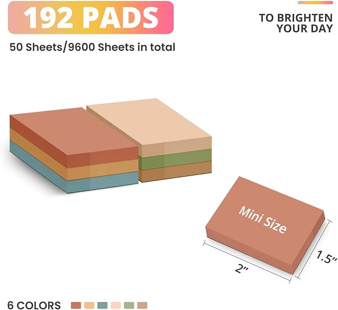 Taja 192 Pads Sticky Notes, 1.5"x2" Inches Mini Sticky Notes Pads, Vintage | Bulk Small Sticky Notes for Quick Reminders and Color Coding, Mini Sticky Notes for Office, School and Home Organization
