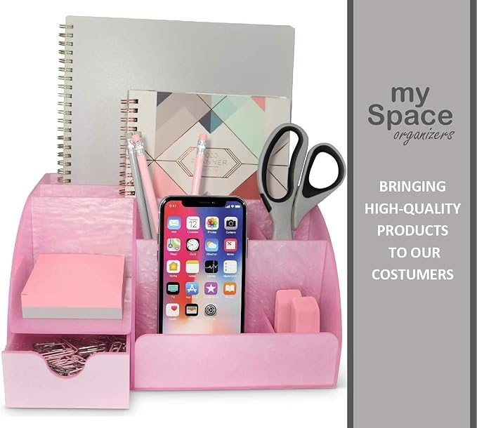 Pink Desk Organizer Office, Acrylic, with Drawer, 9 Compartments, Supplies and Cool Desk Accessories Organizer, Desktop Pen Holder (Pink)