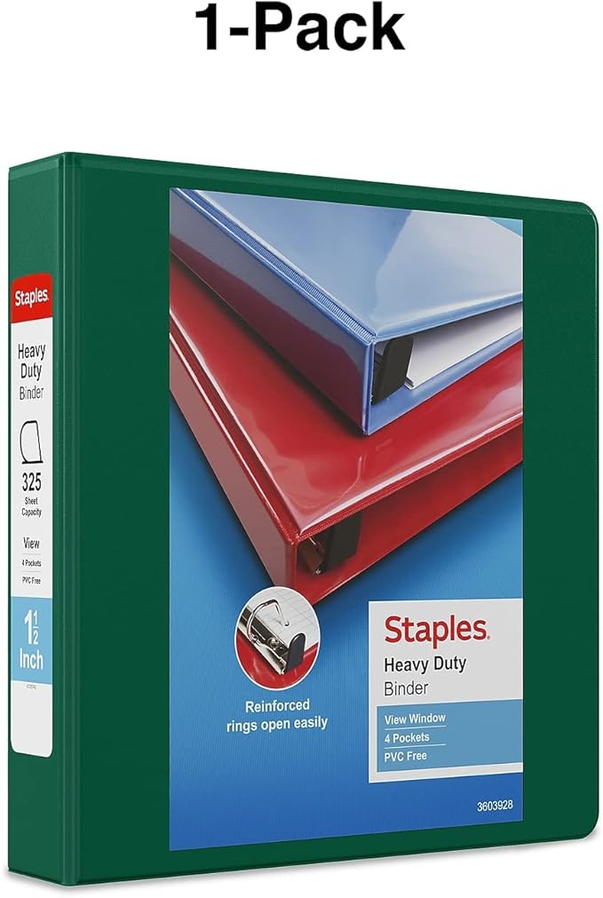 Staples Heavy‑Duty View Binder, 1.5" D‑Ring, Green, Reinforced Spine, Durable 3‑Ring Binder for School, Office & High‑Use Filing