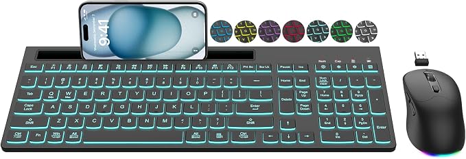 Wireless Keyboard and Mouse Combo, 7 Backlit Effects, Light Up Letters, Rechargeable, Phone Holder, 6 Button Mouse, Ergonomic Tilt Angle, 2.4GHz Silent USB Keyboard Mouse for Laptop, PC